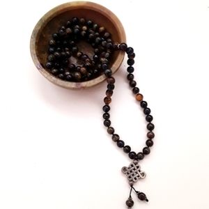 PRAYER MALA WITH TIGER EYES AND ENDLESS KNOT